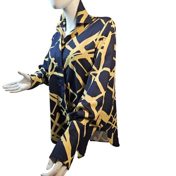 Hidemi Curved Hem Womens Shirt Sz M Bold Yellow on Navy Abstract Print Button-Up - Picture 1 of 12